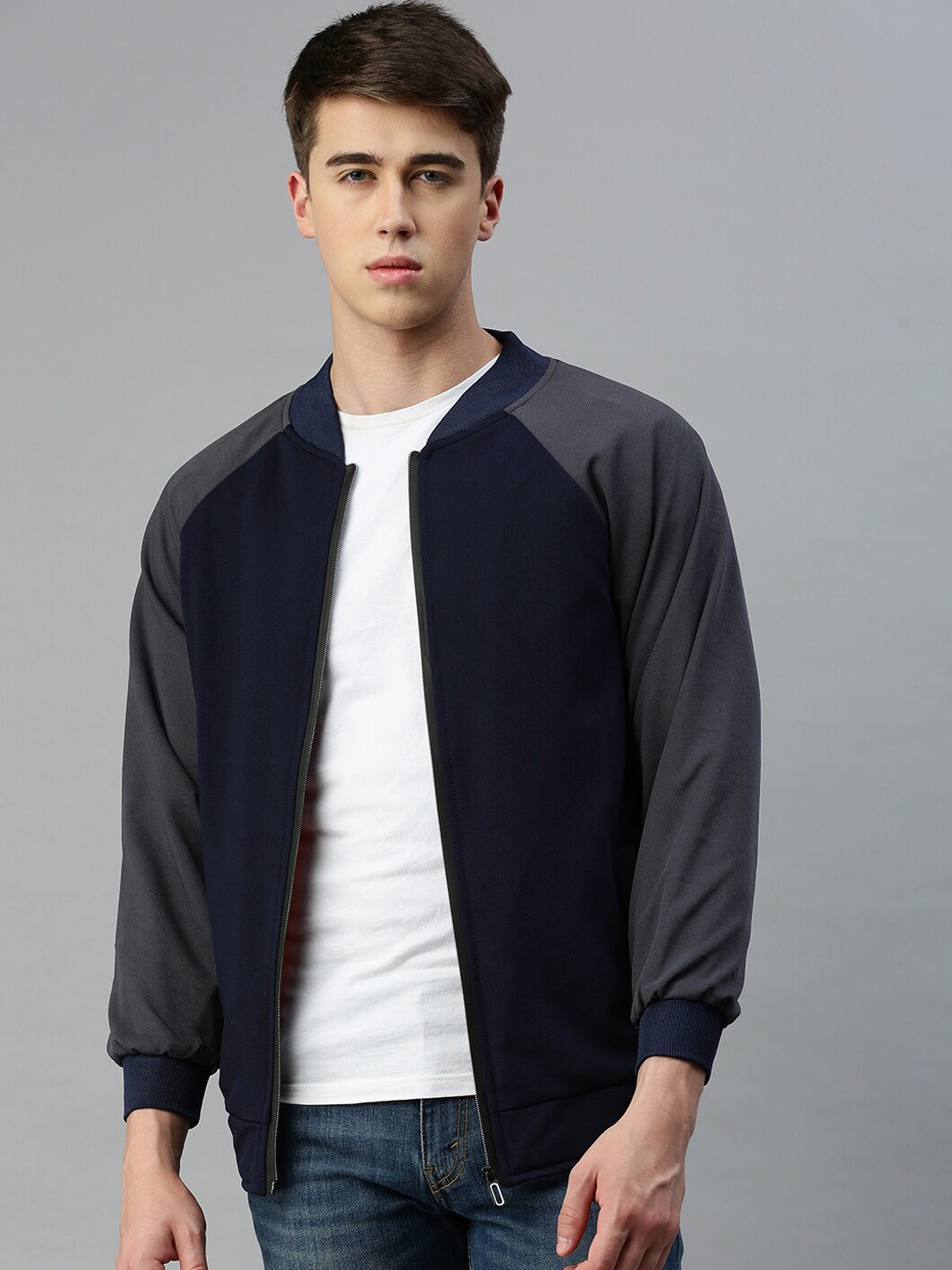

VOXATI Colourblocked Mock Collar Bomber Jacket, Navy blue