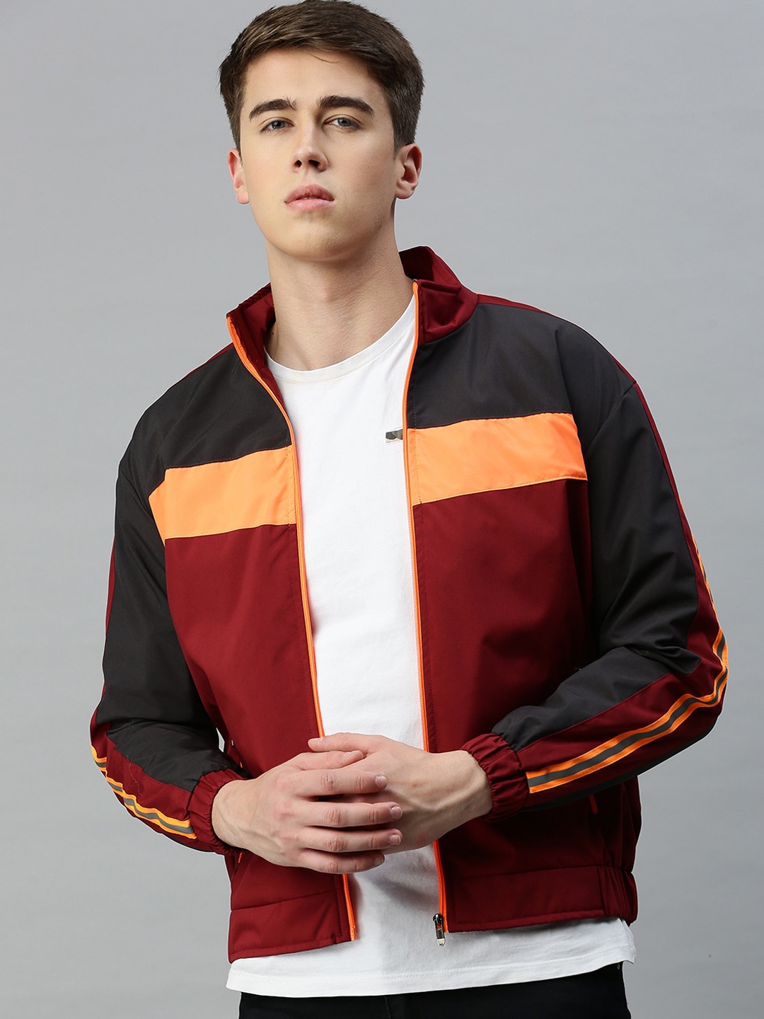 

VOXATI Colourblocked Mock collar Bomber Jacket, Maroon