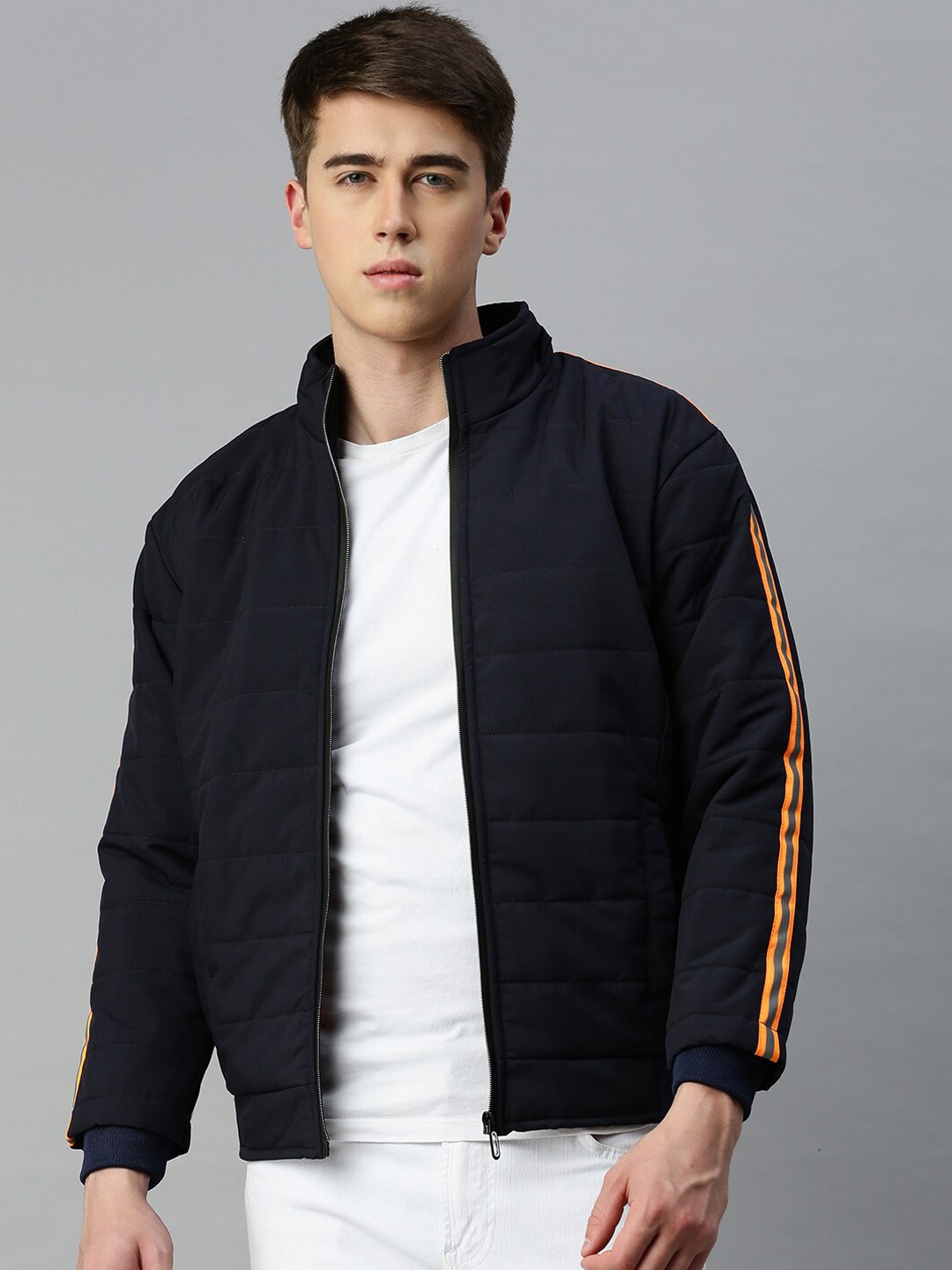 

VOXATI Stand Collar Bomber Jacket With Detachable Hood, Navy blue