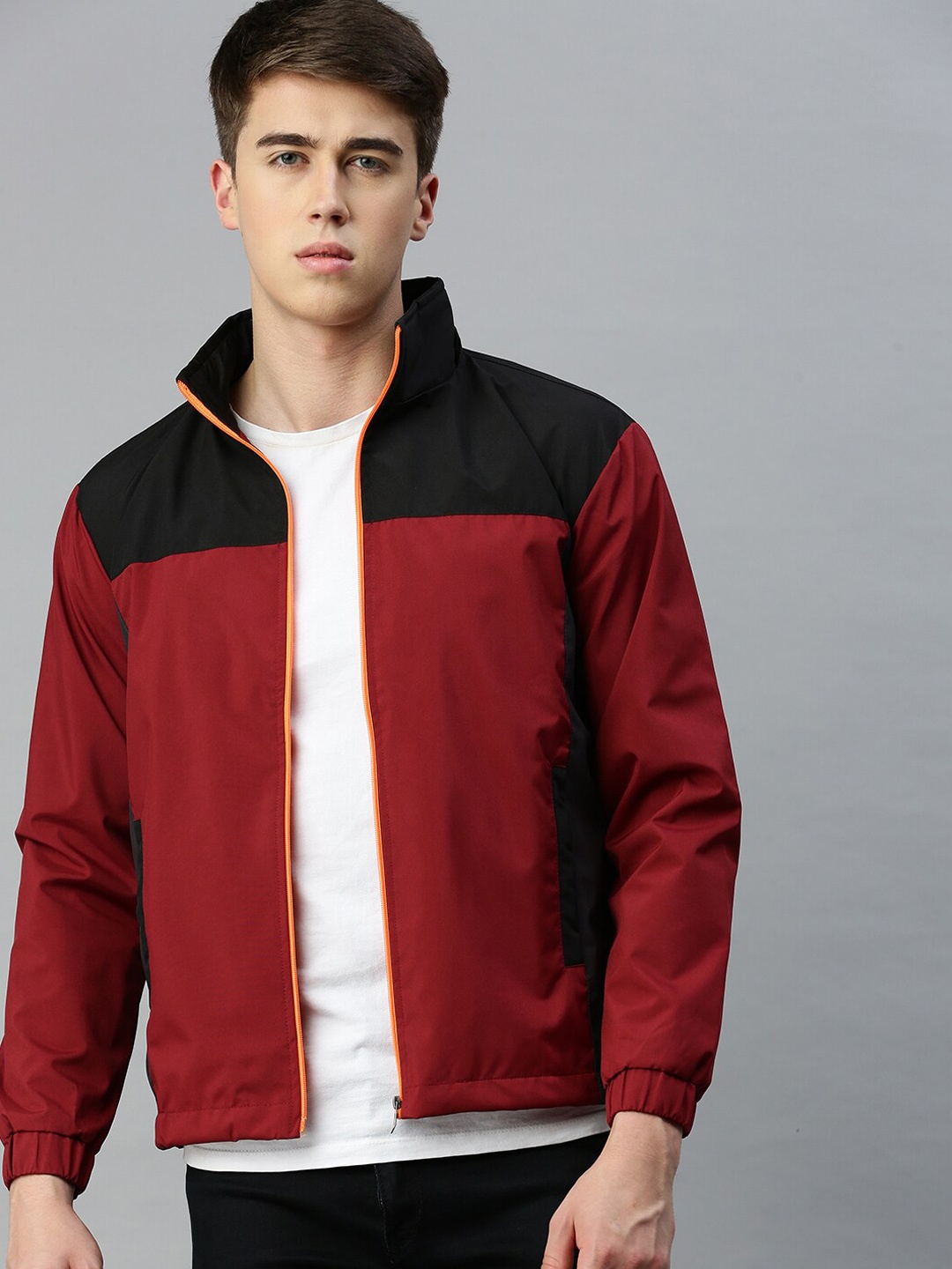 

VOXATI Colourblocked Hooded Bomber Jacket, Maroon