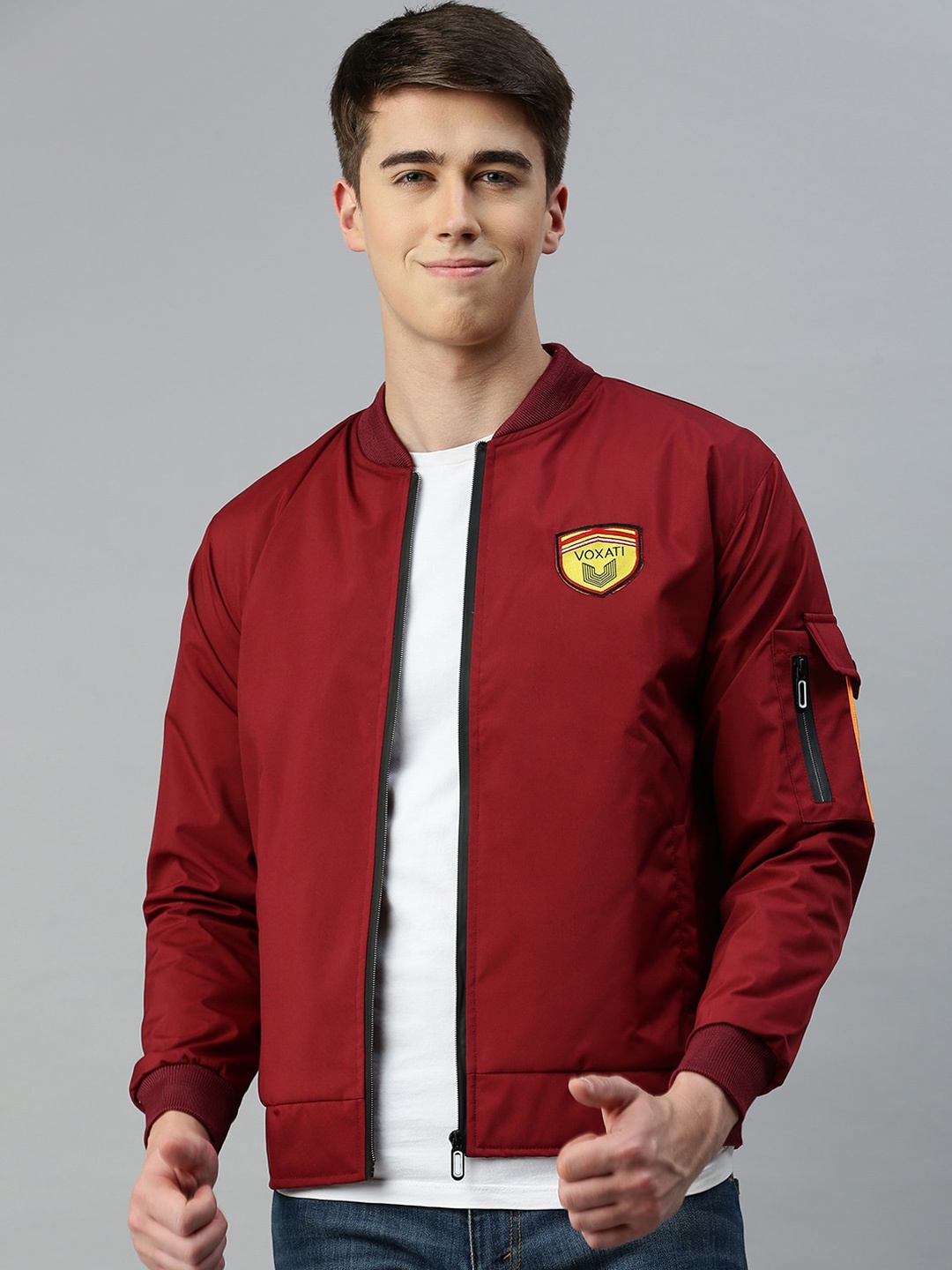 

VOXATI Men Mandarin Collar Bomber Jacket, Maroon