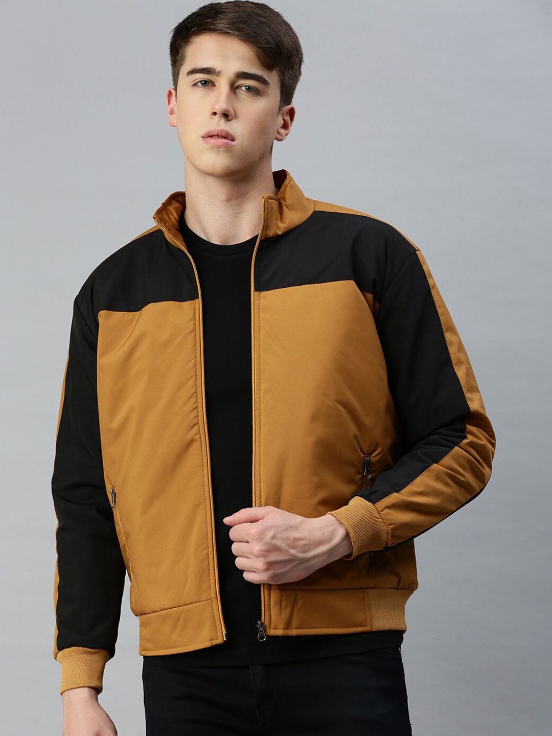 

VOXATI Mock Collar Zip Detail Colourblocked Bomber Jacket, Mustard