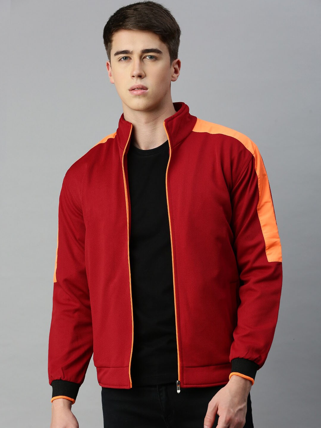 

VOXATI Colourblocked Zip-Front Casual Bomber Jacket, Maroon