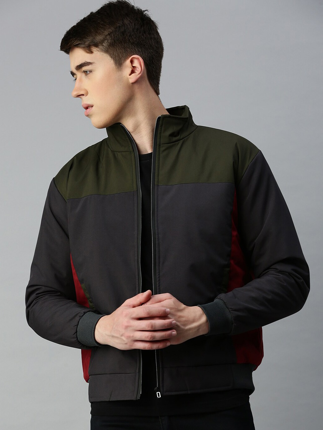 

VOXATI Colourblocked Stand Collar Bomber Jacket, Charcoal