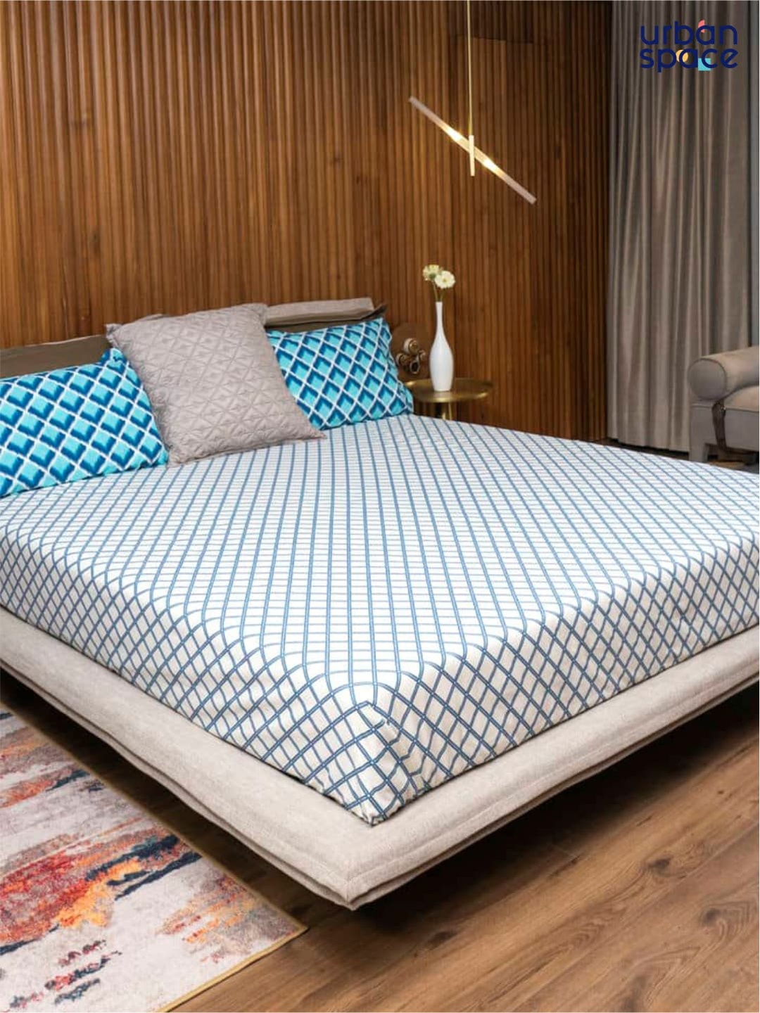 

URBAN SPACE White & Blue Printed Pure Cotton Double Queen Bedding Set