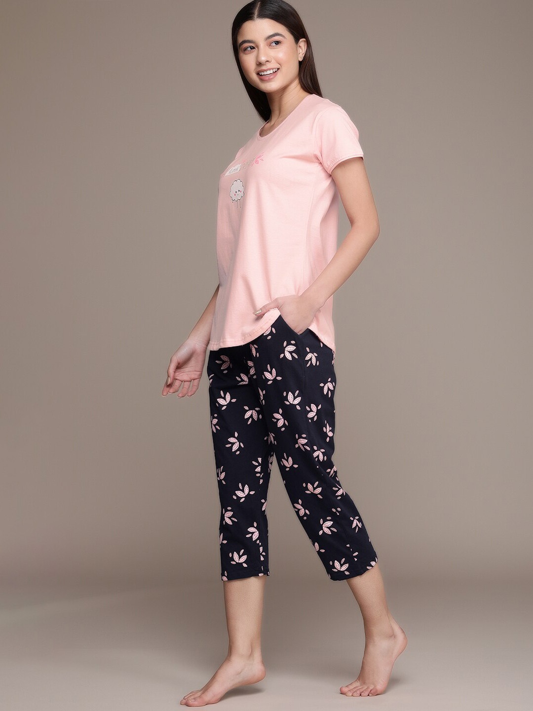 

beebelle Typography Printed Pure Cotton Night Suit, Peach