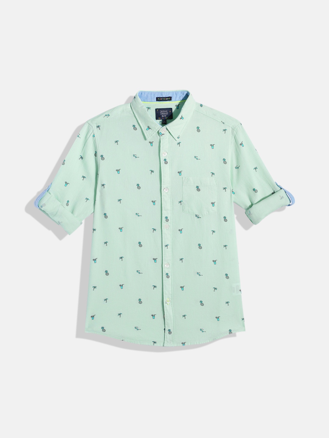 

Indian Terrain Boys Straight Regular Fit Conversational Opaque Printed Pure Cotton Shirt, Green