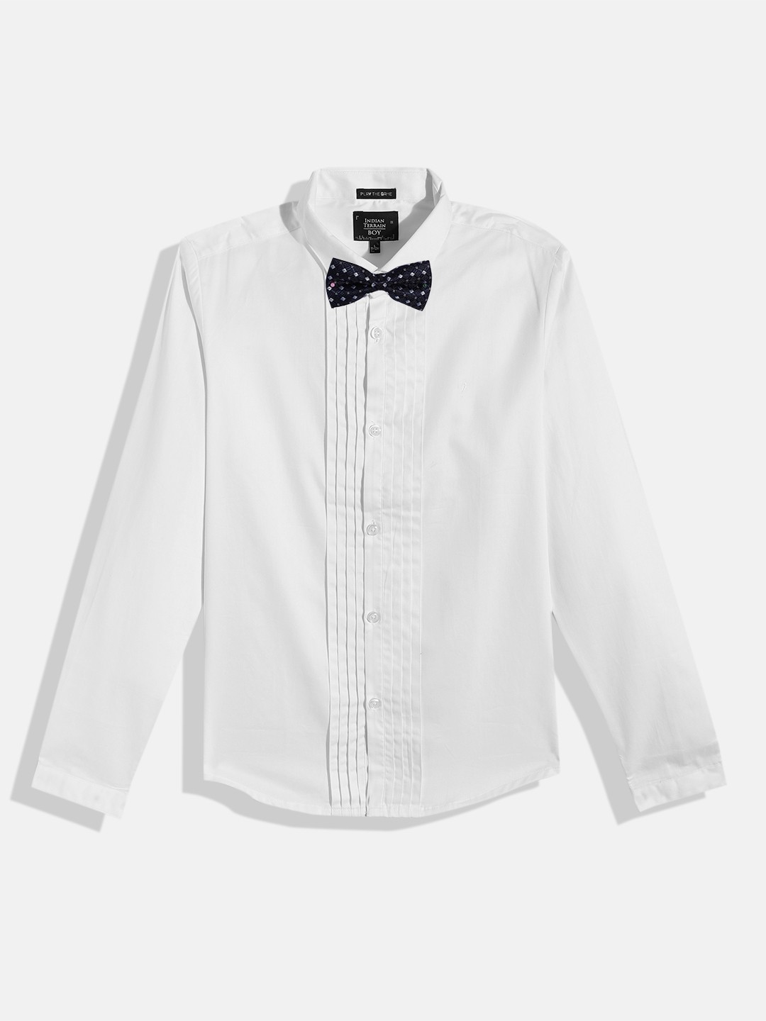 

Indian Terrain Boys Pure Cotton Straight Pin Tuck Party Shirt With Bow Tie, White