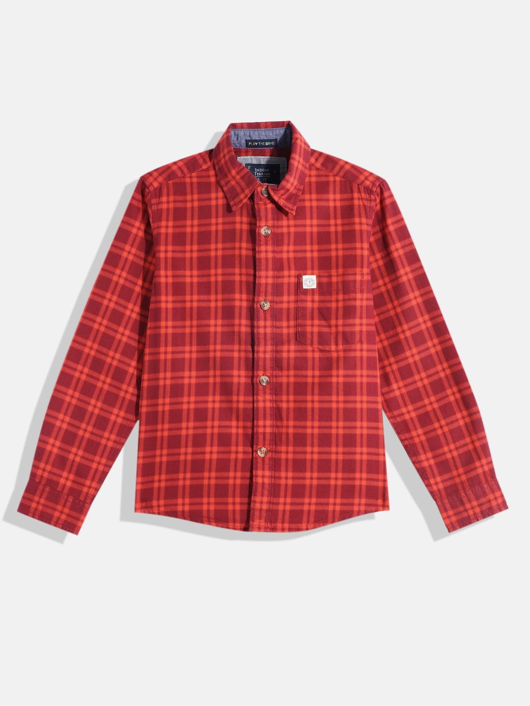 

Indian Terrain Boys Straight Opaque Checked Pure Cotton Casual Shirt, Red