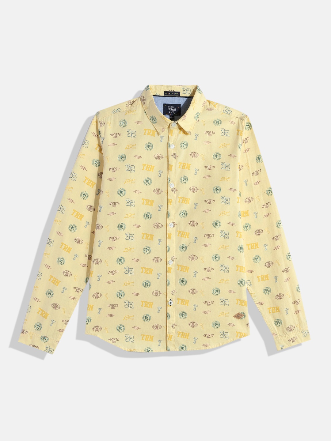 

Indian Terrain Boys Straight Typography Printed Pure Cotton Casual Shirt, Yellow