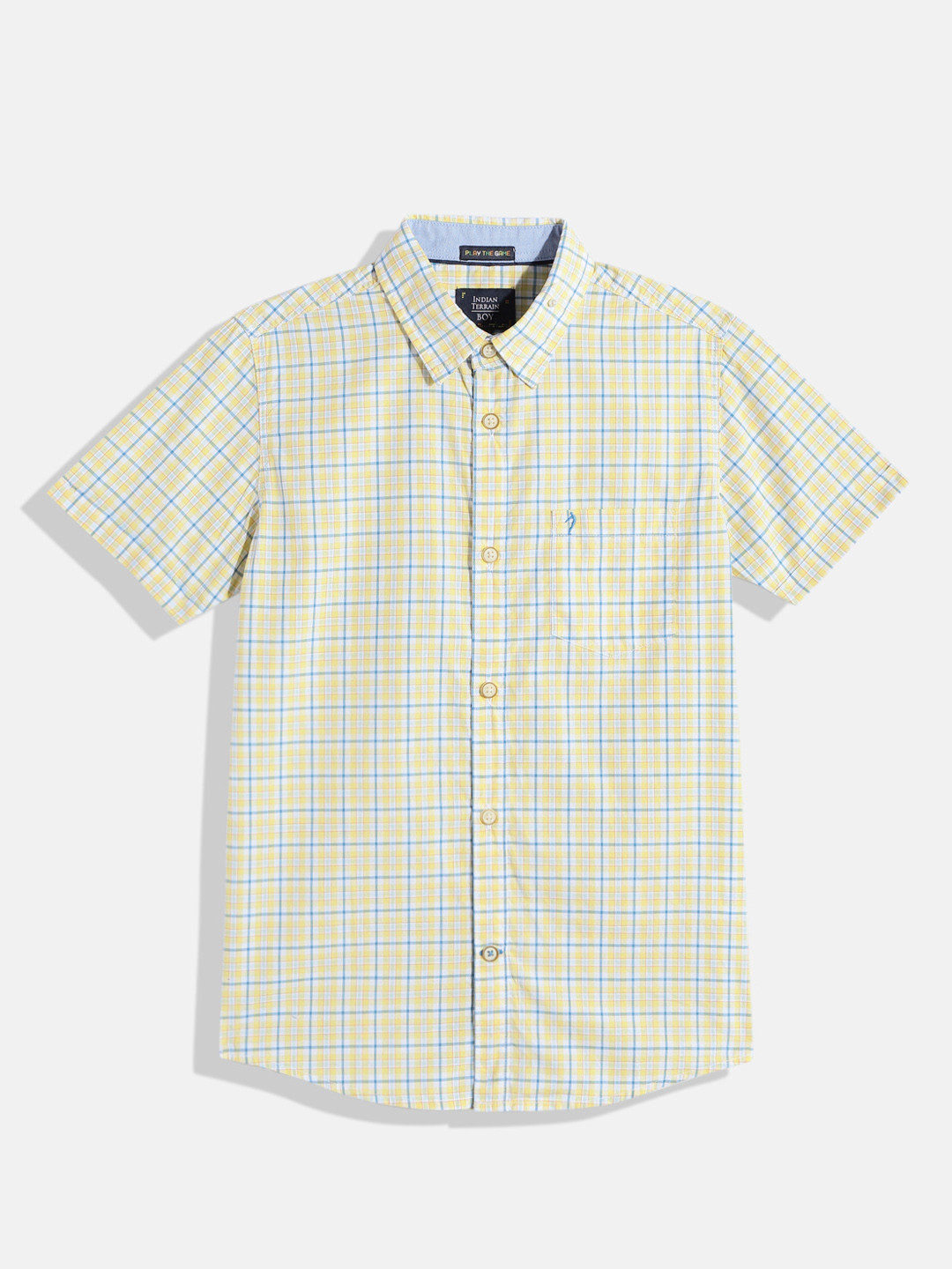 

Indian Terrain Boys Windowpane Checked Straight Opaque Pure Cotton Casual Shirt, Yellow