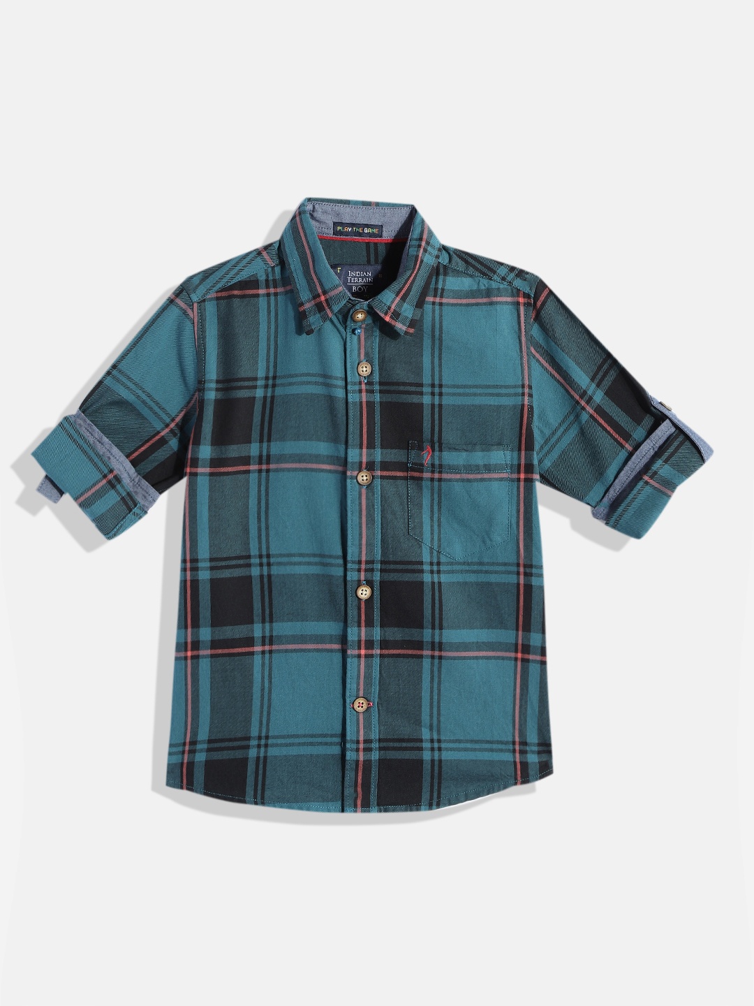 

Indian Terrain Boys Tartan Checked Pure Cotton Casual Shirt, Teal