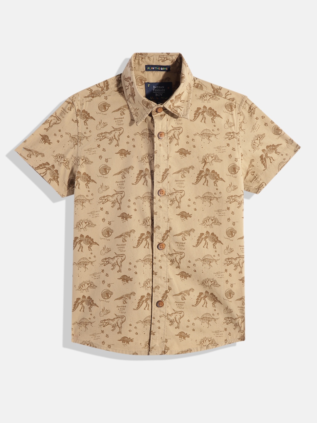 

Indian Terrain Boys Dinosaur Print Pure Cotton Casual Shirt, Khaki