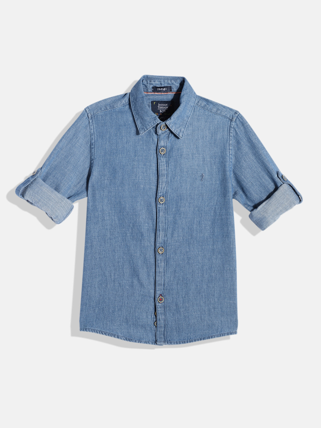 

Indian Terrain Boys Straight Regular Fit Solid Opaque Pure Cotton Denim Shirt, Blue