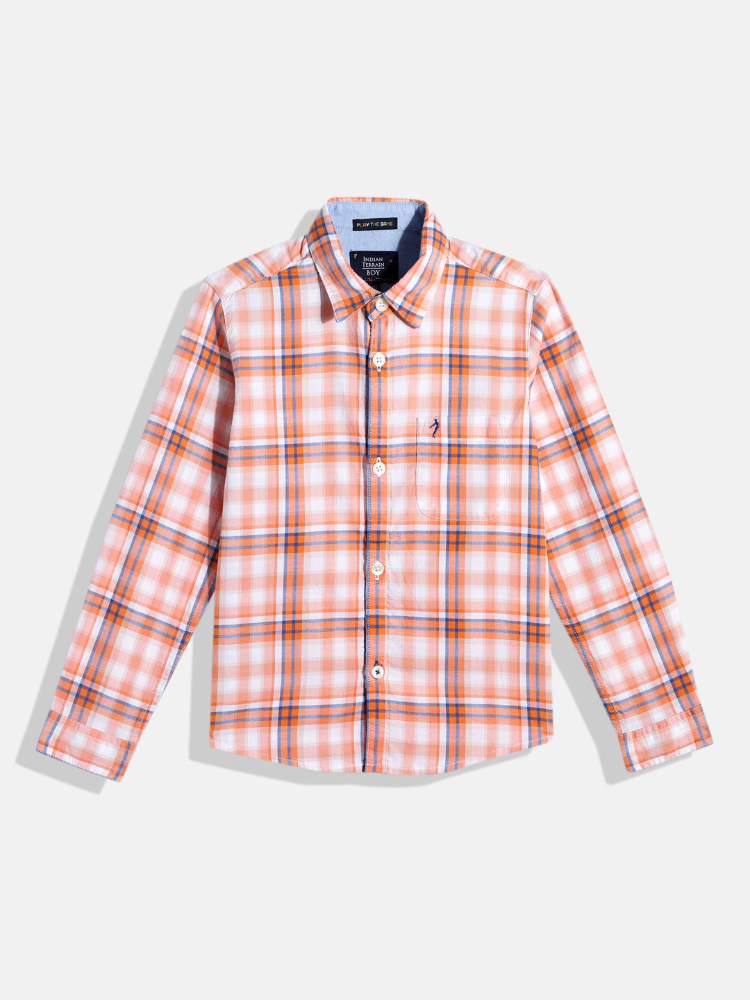 

Indian Terrain Boys Straight Windowpane Checked Opaque Pure Cotton Casual Shirt, Peach