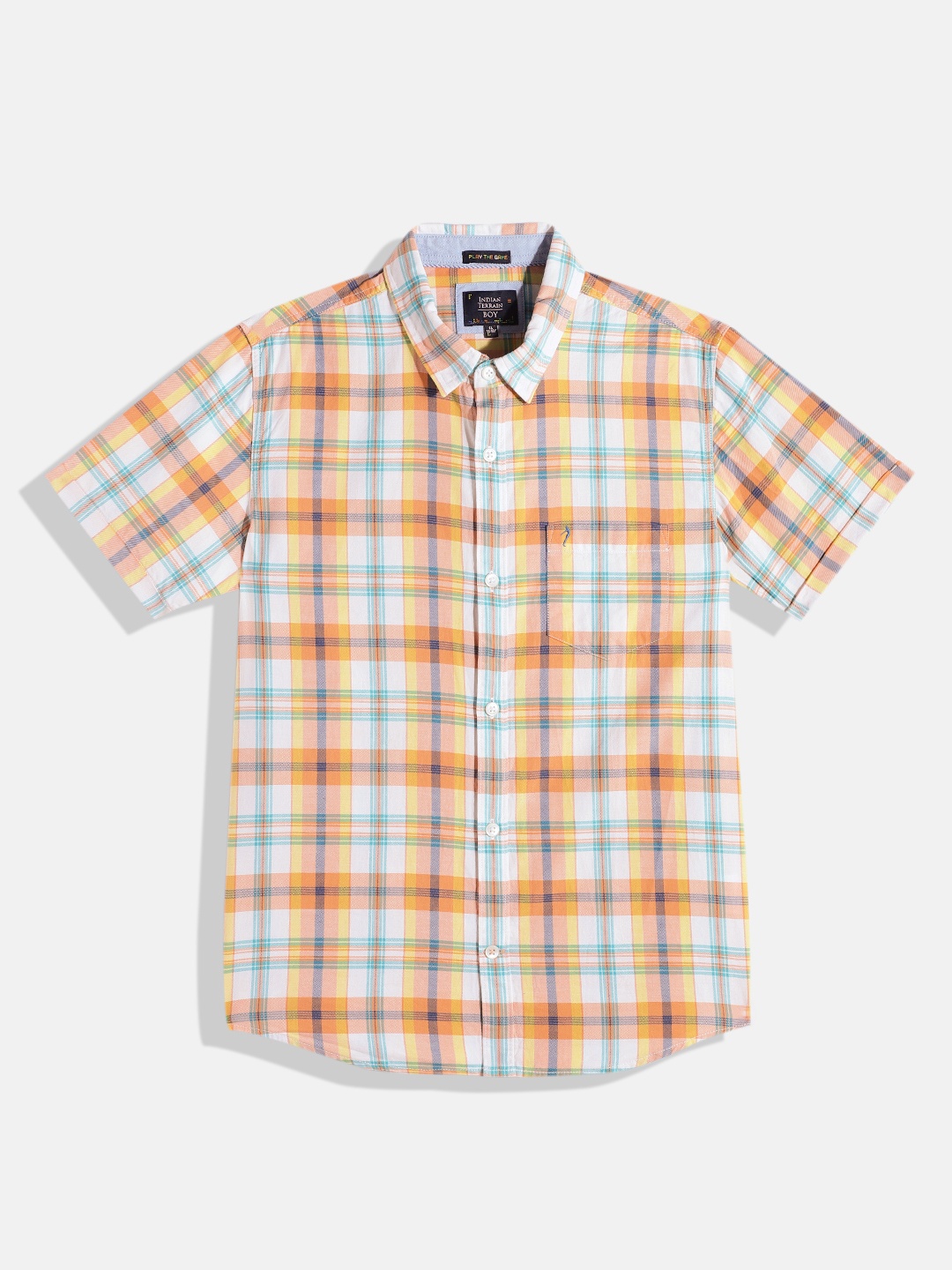 

Indian Terrain Boys Tartan Checked Straight Pure Cotton Casual Shirt, Orange