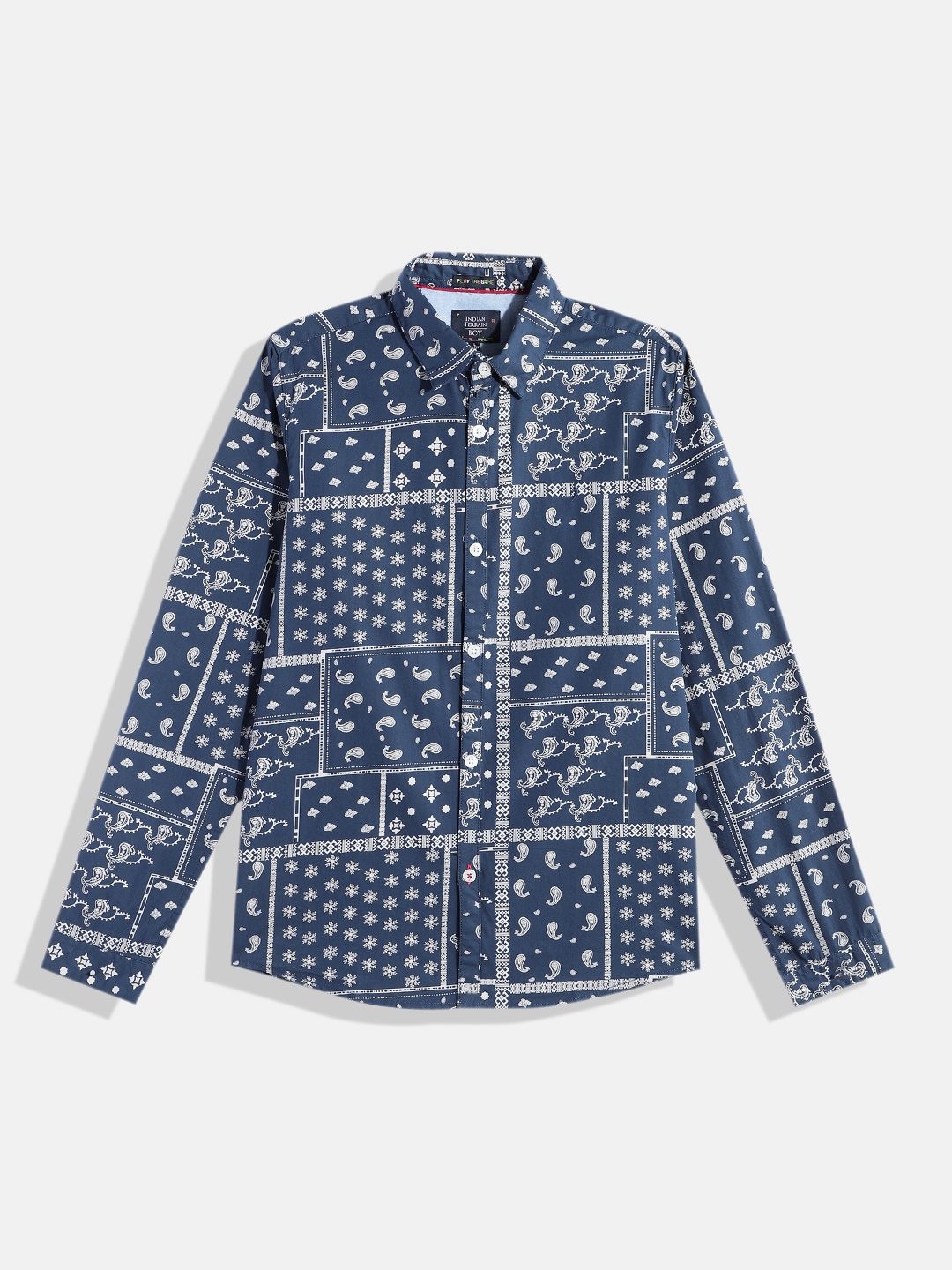 

Indian Terrain Boys Straight Opaque Ethnic Motifs Printed Pure Cotton Casual Shirt, Blue