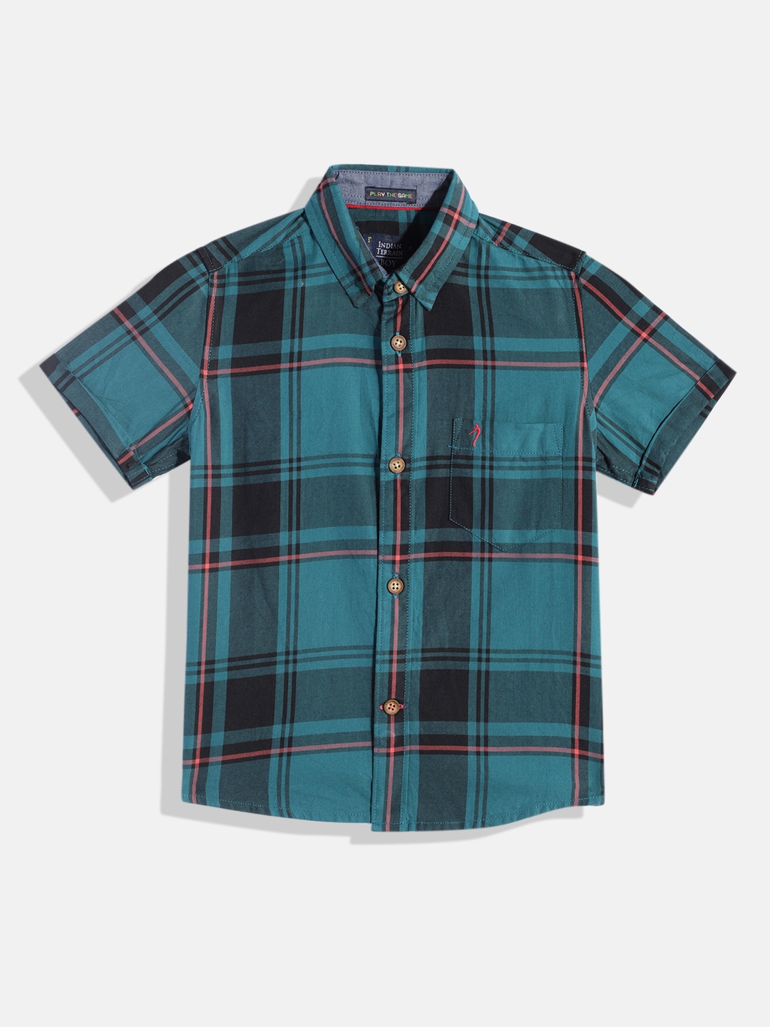 

Indian Terrain Boys Tartan Checked Straight Opaque Pure Cotton Casual Shirt, Teal