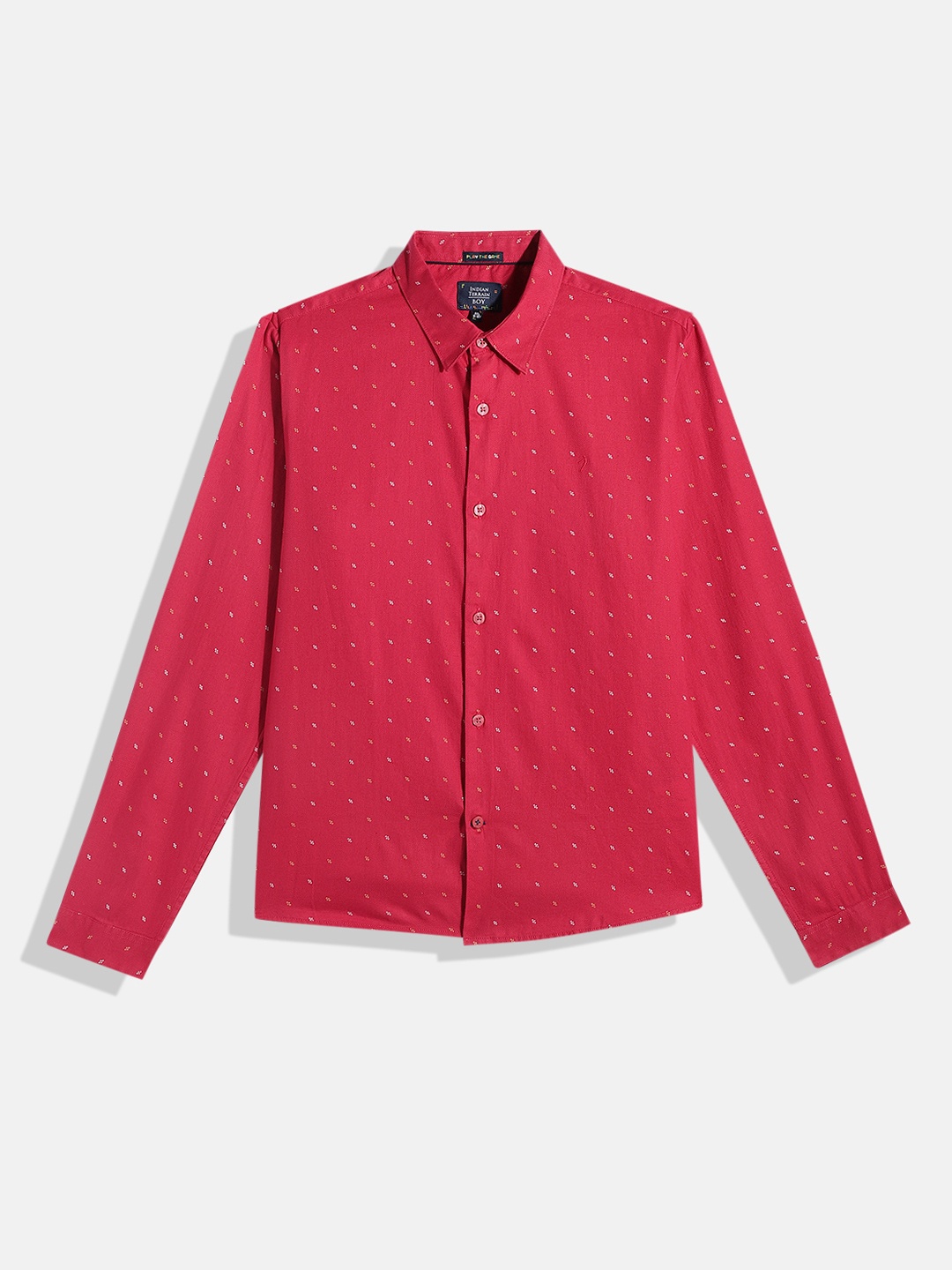 

Indian Terrain Boys Straight Opaque Geometric Printed Pure Cotton Casual Shirt, Red