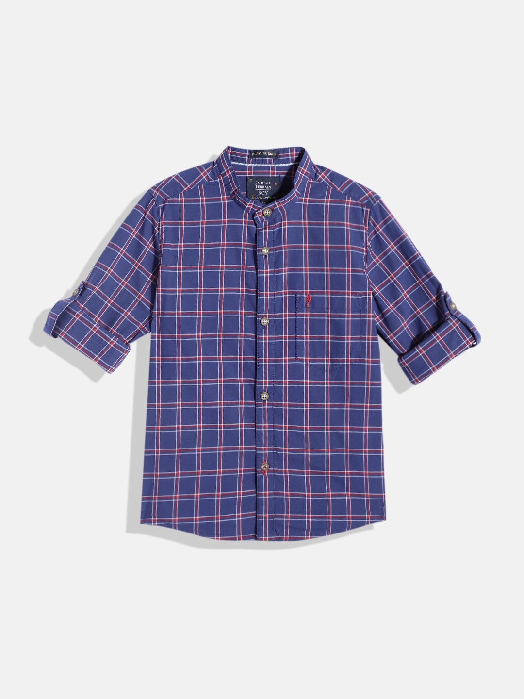 

Indian Terrain Boys Straight Windowpane Checked Opaque Pure Cotton Casual Shirt, Blue