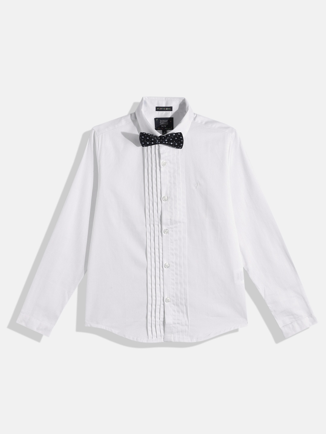 

Indian Terrain Boys Pin Tucks Pure Cotton Shirt with Bow Tie, White
