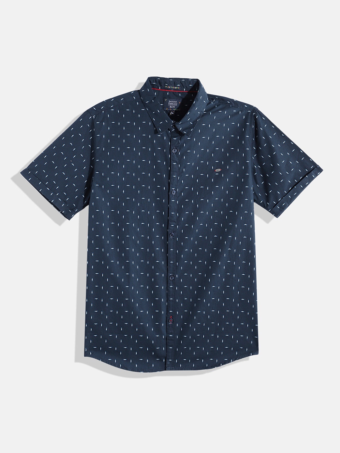 

Indian Terrain Boys Cotton Straight Geometric Print Shirt, Navy blue