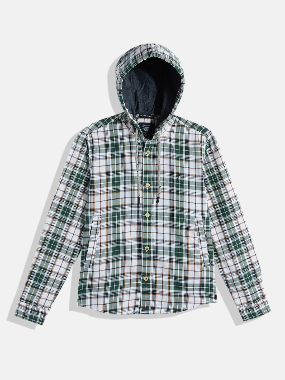 

Indian Terrain Boys Straight Tartan Checked Pure Cotton Hooded Shirt, White