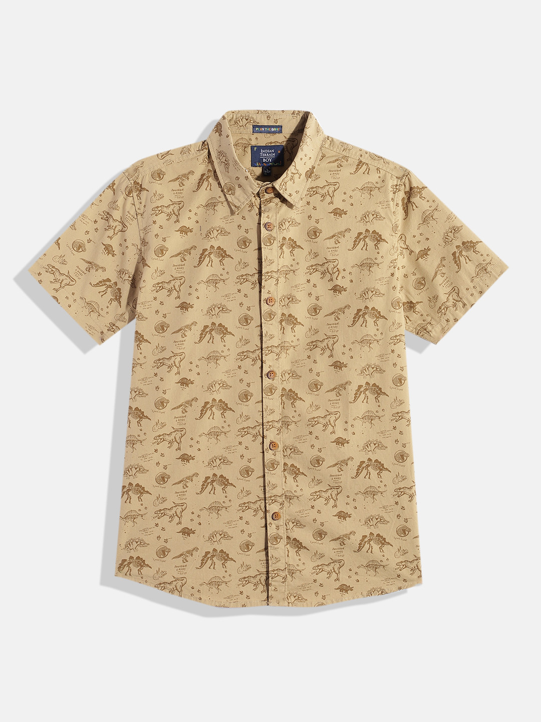 

Indian Terrain Boys Straight Dinosaur Opaque Printed Pure Cotton Casual Shirt, Khaki