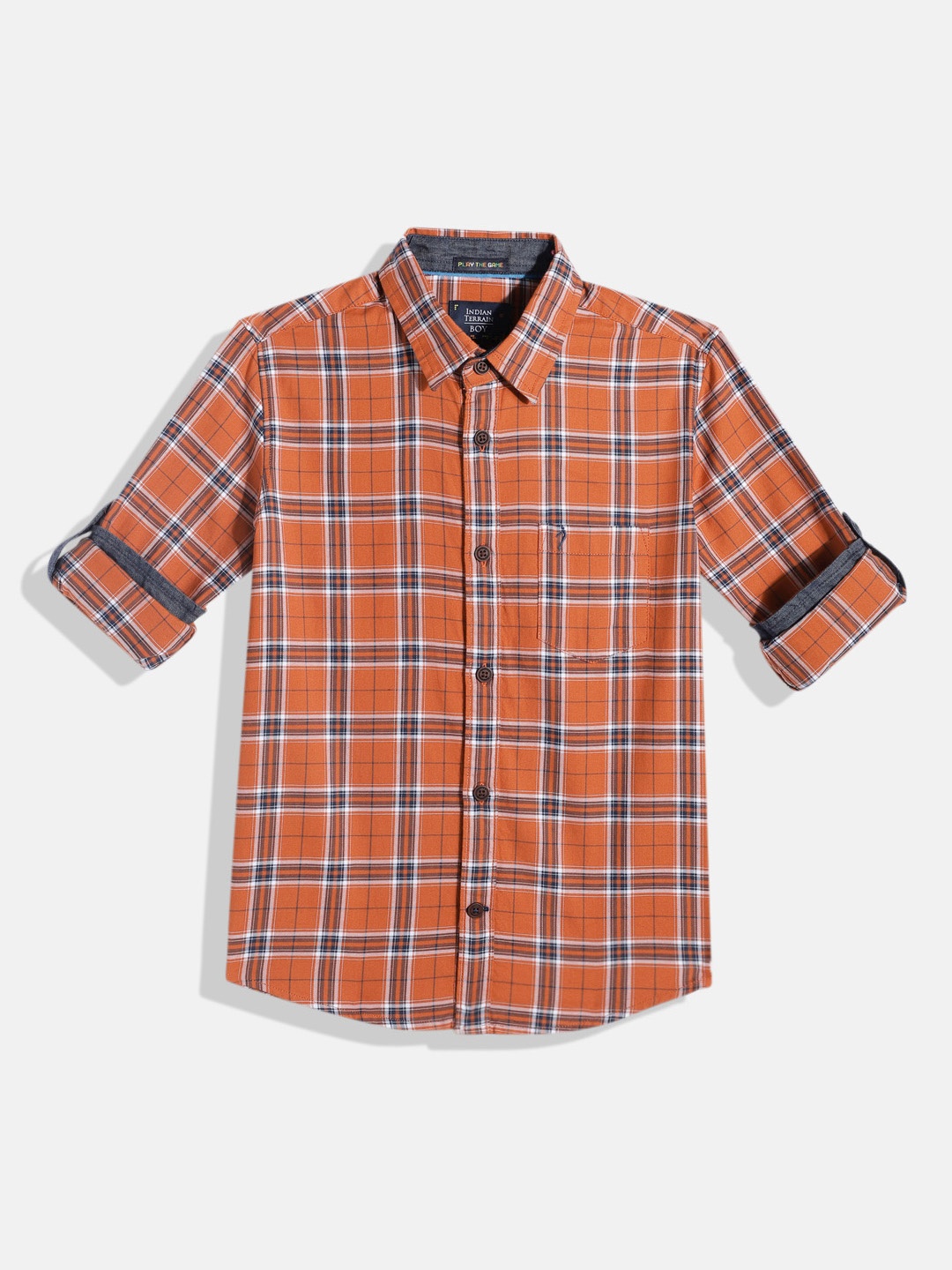 

Indian Terrain Boys Windowpane Checked Straight Opaque Pure Cotton Casual Shirt, Brown