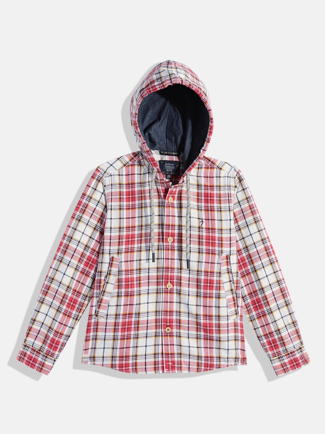 

Indian Terrain Boys Tartan Checked Pure Cotton Hooded Casual Shirt, White