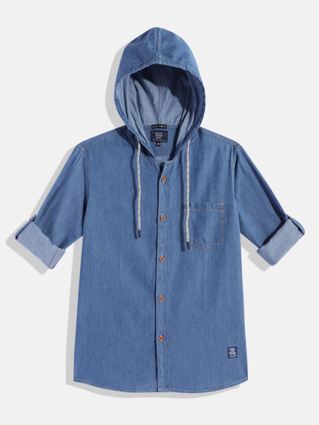 

Indian Terrain Boys Faded Chambray Hooded Casual Shirt, Blue