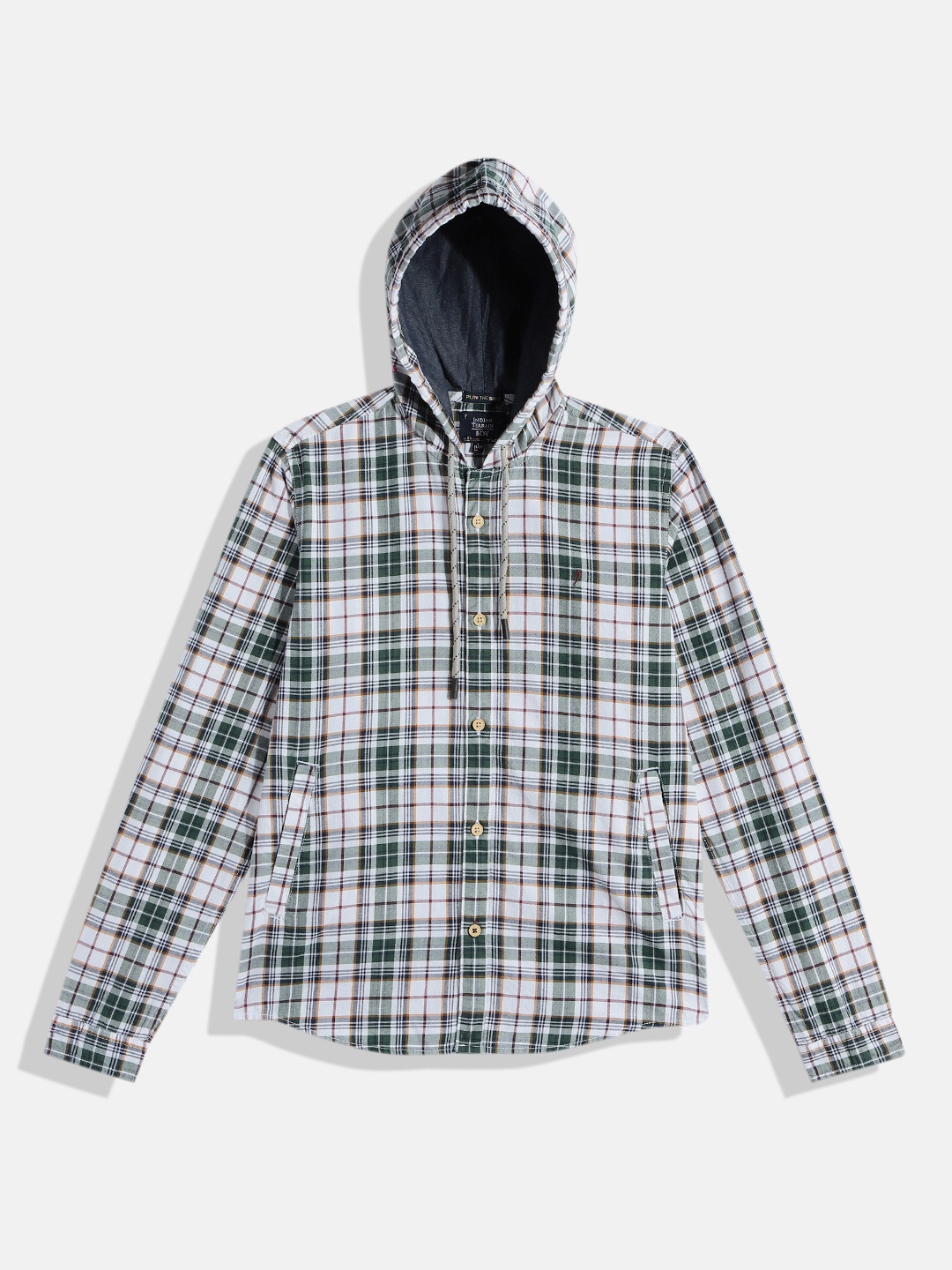 

Indian Terrain Boys Green Tartan Checked Hooded Pure Cotton Casual Shirt