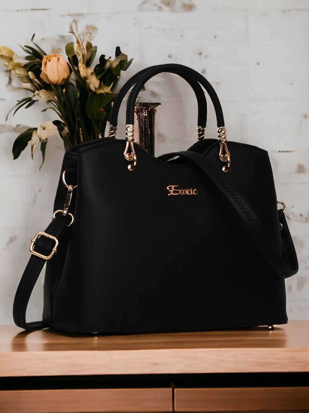 

Exotic Structured Handheld Bag, Black