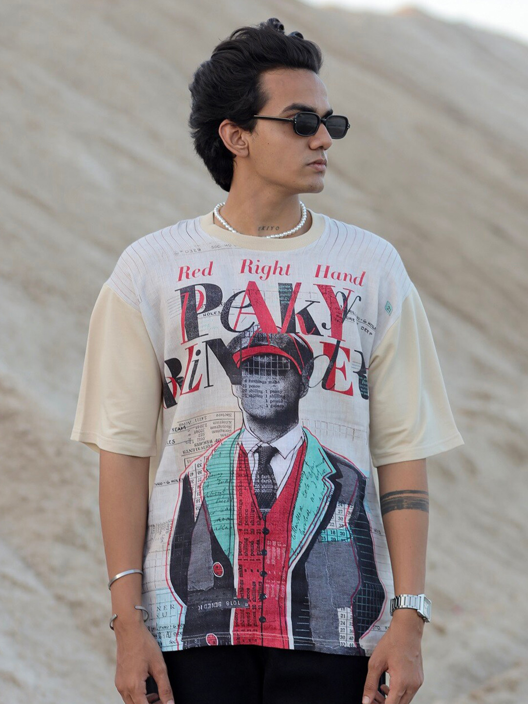 

ADDY'S for men Typography Printed Drop-Shoulder Sleeves Oversized T-Shirt, Cream