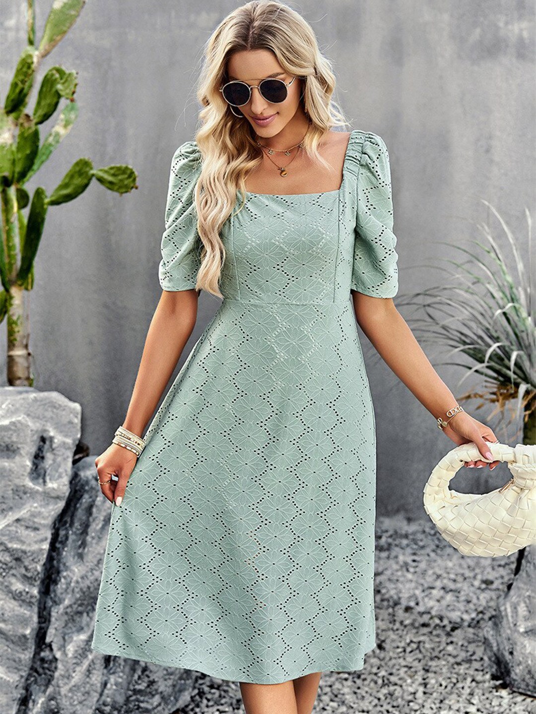 

BoStreet Square Neck Puff Sleeve Schiffli Fit & Flare Dress, Sea green