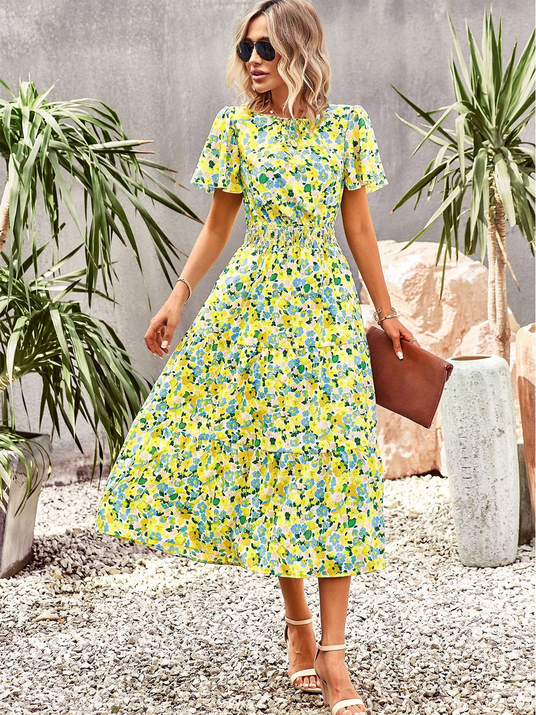 

BoStreet Floral Print Fit & Flare Midi Dress, Lime green