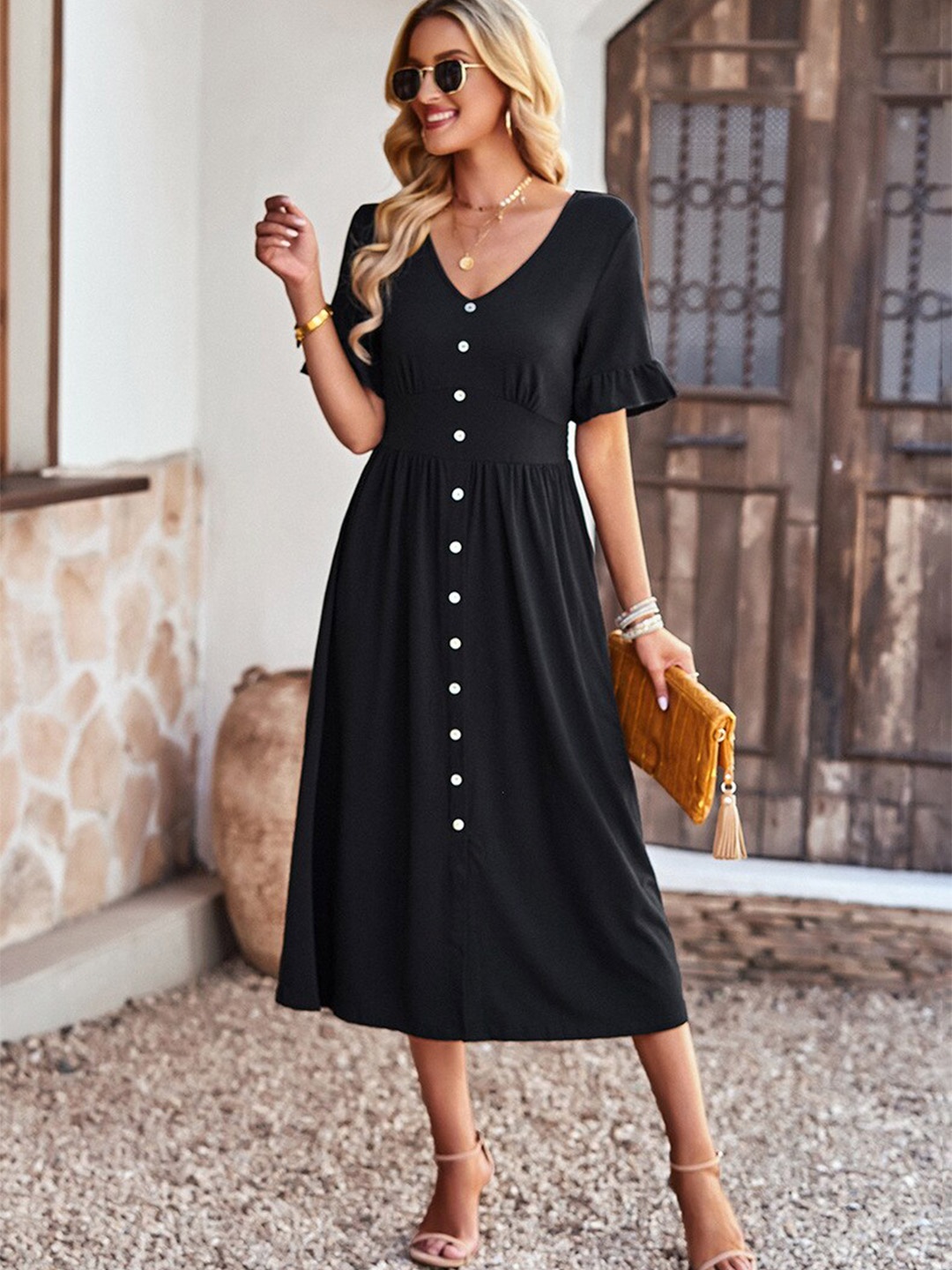 

BoStreet Black V-Neck A-Line Midi Dress