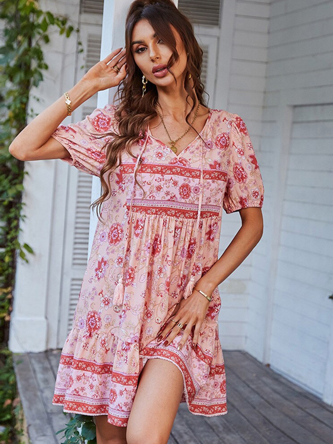 

BoStreet Floral Print Puff Sleeve Fit & Flare Dress, Peach
