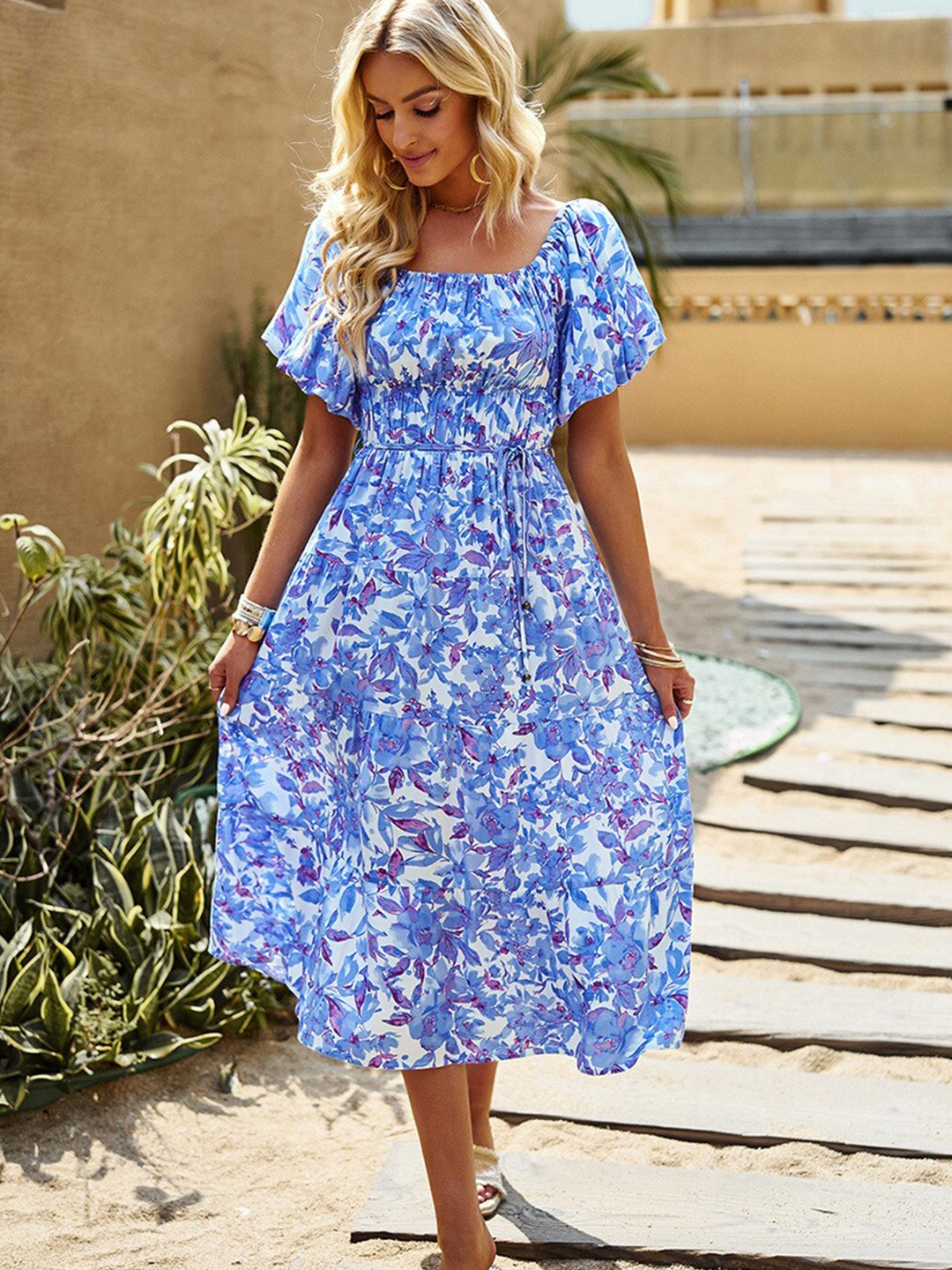 

BoStreet Floral Print Square Neck Fit & Flare Dress, Blue