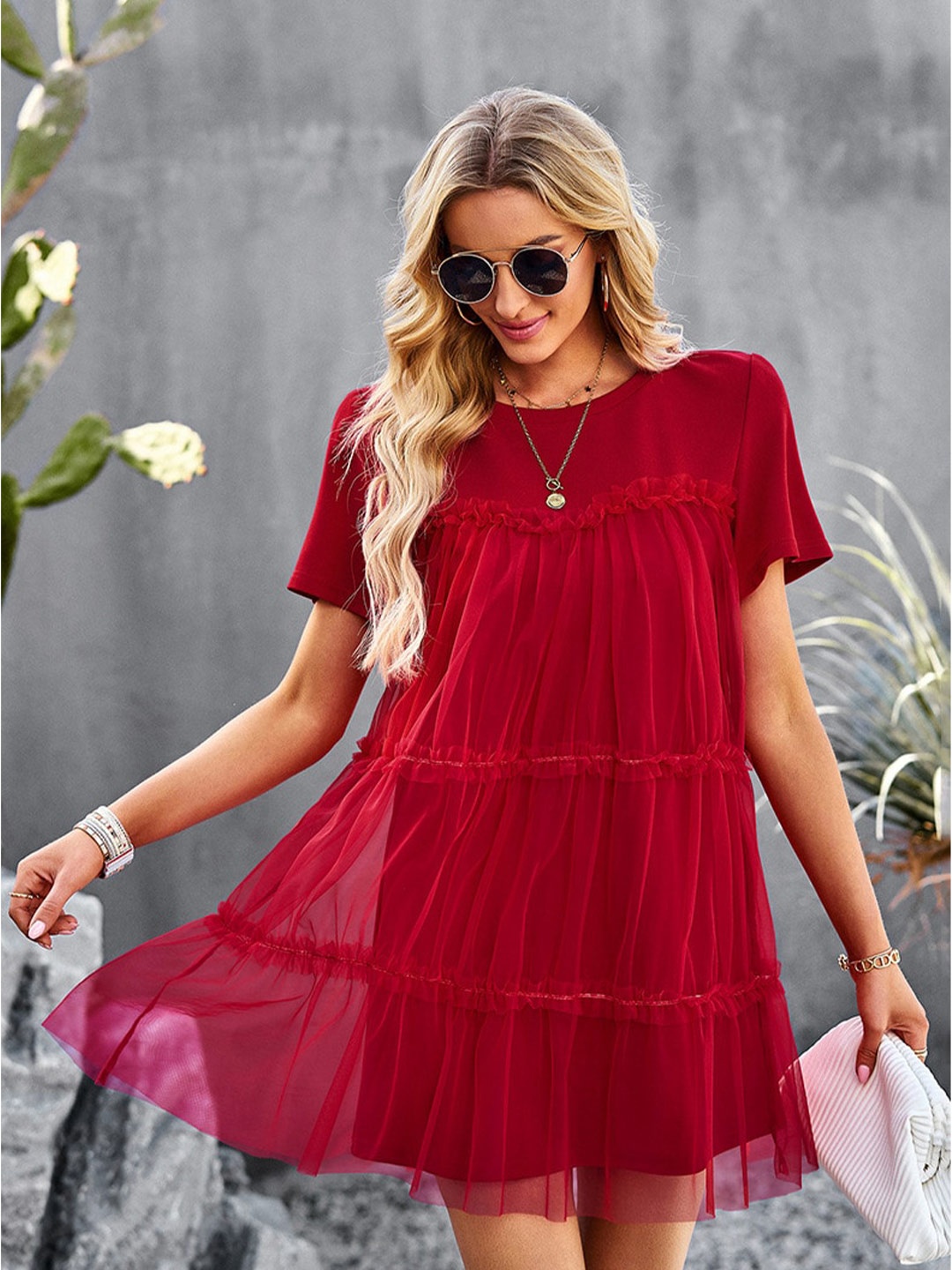 

BoStreet Red Layered A-Line Mini Dress