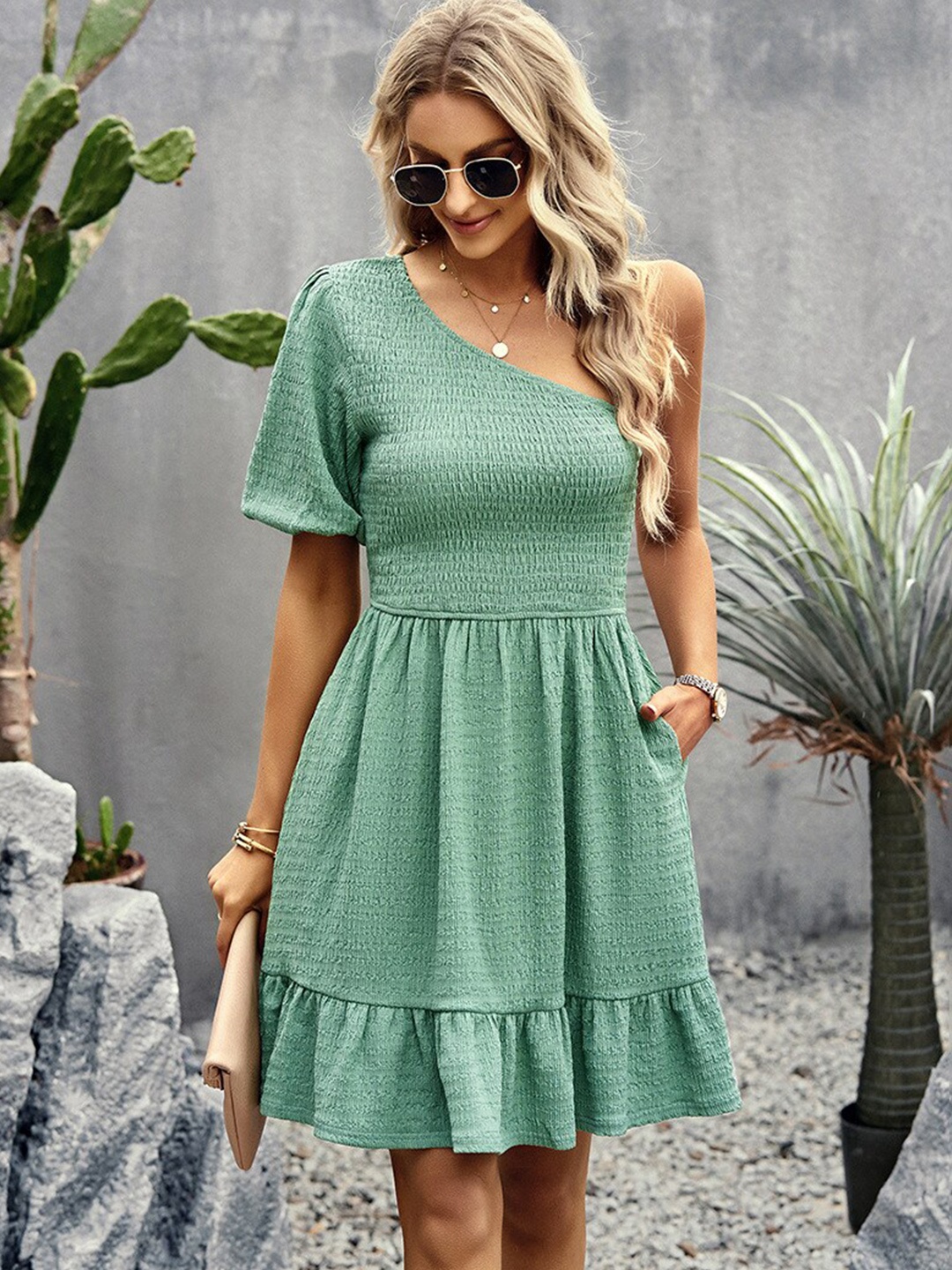 

BoStreet Green One Shoulder Self-Design Fit & Flare Dress