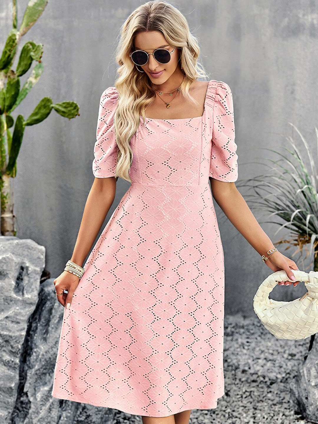 

BoStreet Pink Self Design Schiffli Fit & Flare Dress