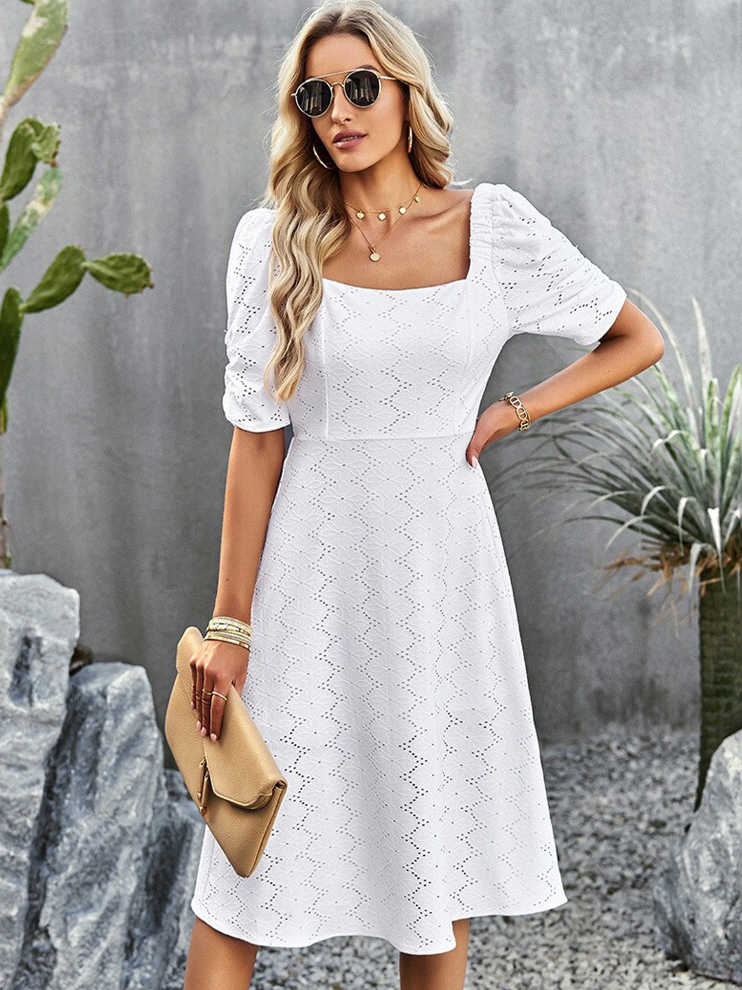 

BoStreet White Square Neck Smocked Fit & Flare Dress