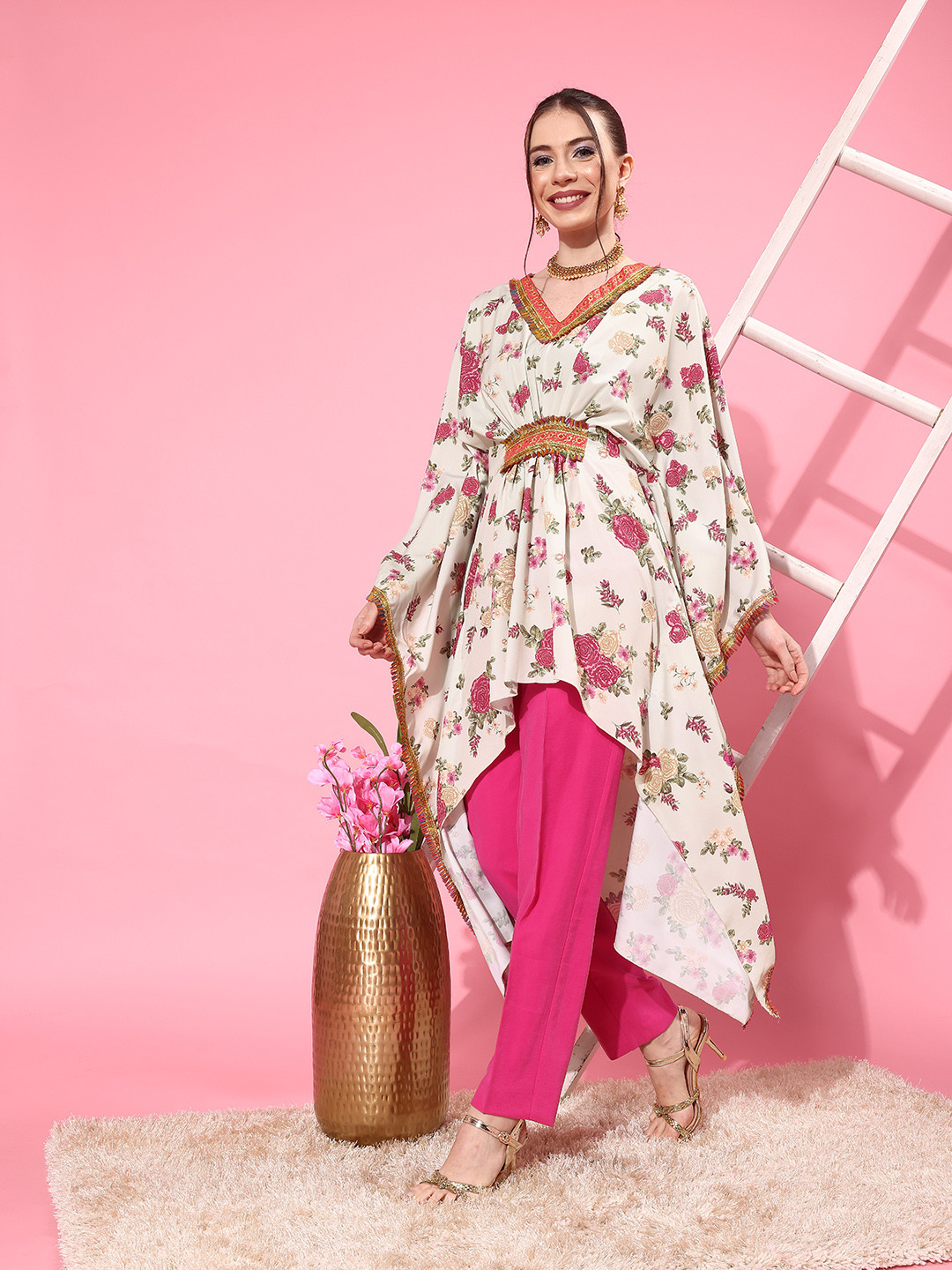 

Ahalyaa Women Floral Printed Flared Sleeves Crepe Kaftan Kurta, Beige