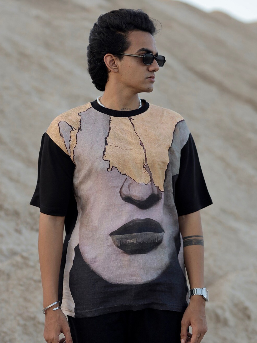 

ADDY'S for men Abstract Printed Drop-Shoulder Sleeves Oversized T-Shirt, Black