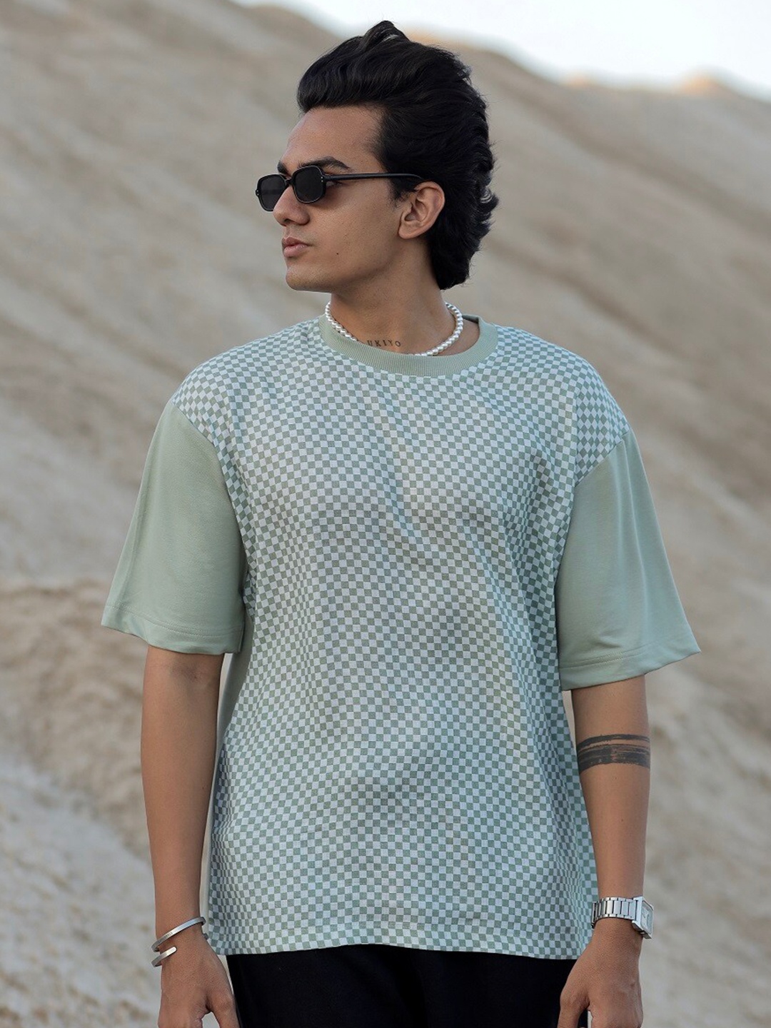 

ADDY'S for men Checked Drop-Shoulder Sleeves Oversized T-Shirt, Sea green