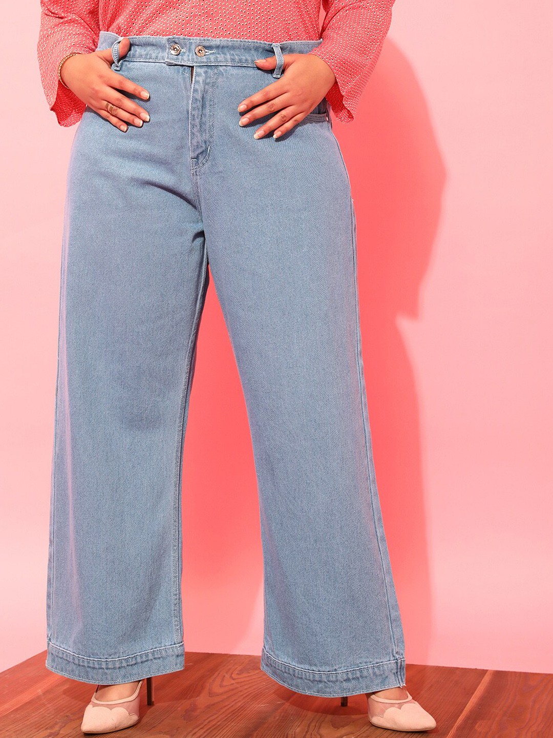 

CURVY STREET Women Plus Size Blue Jean Wide Leg Pure Cotton Jeans