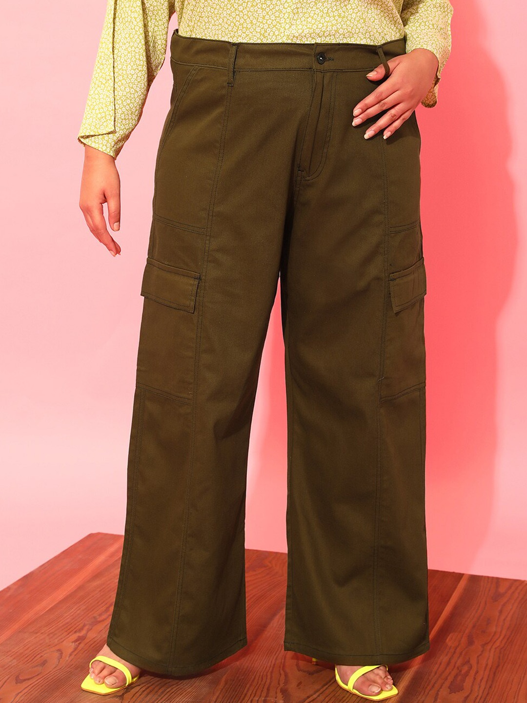 

CURVY STREET Women Plus Size Olive Green Relaxed Straight Leg Pure Cotton Trousers