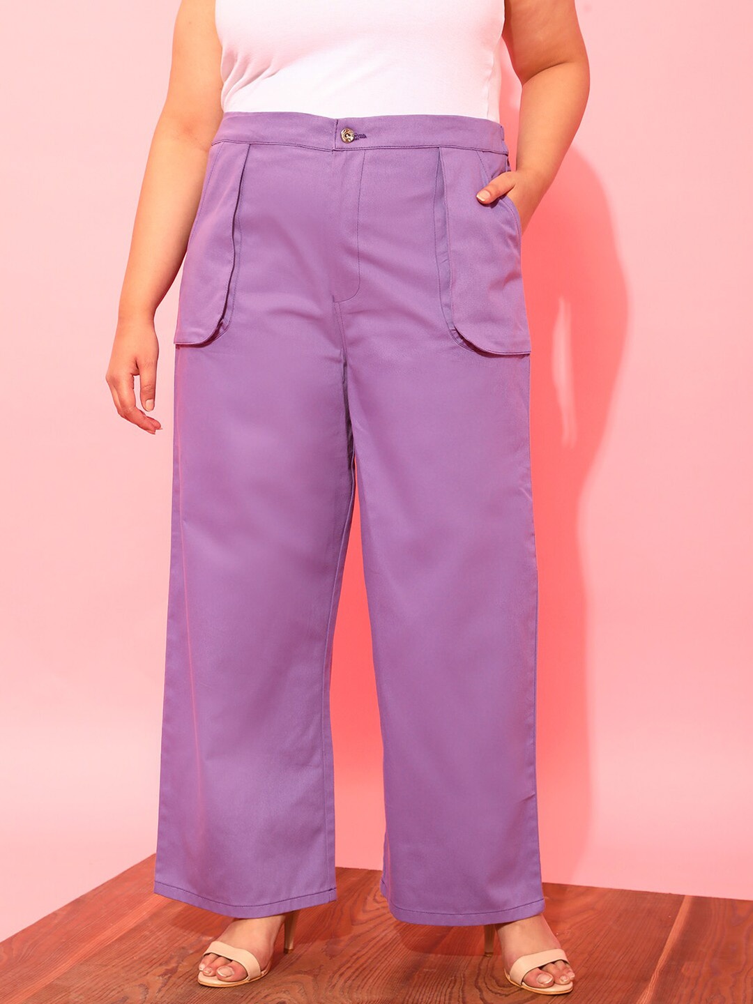 

CURVY STREET Women Plus Size Lavender Relaxed Straight Leg Pure Cotton Trousers