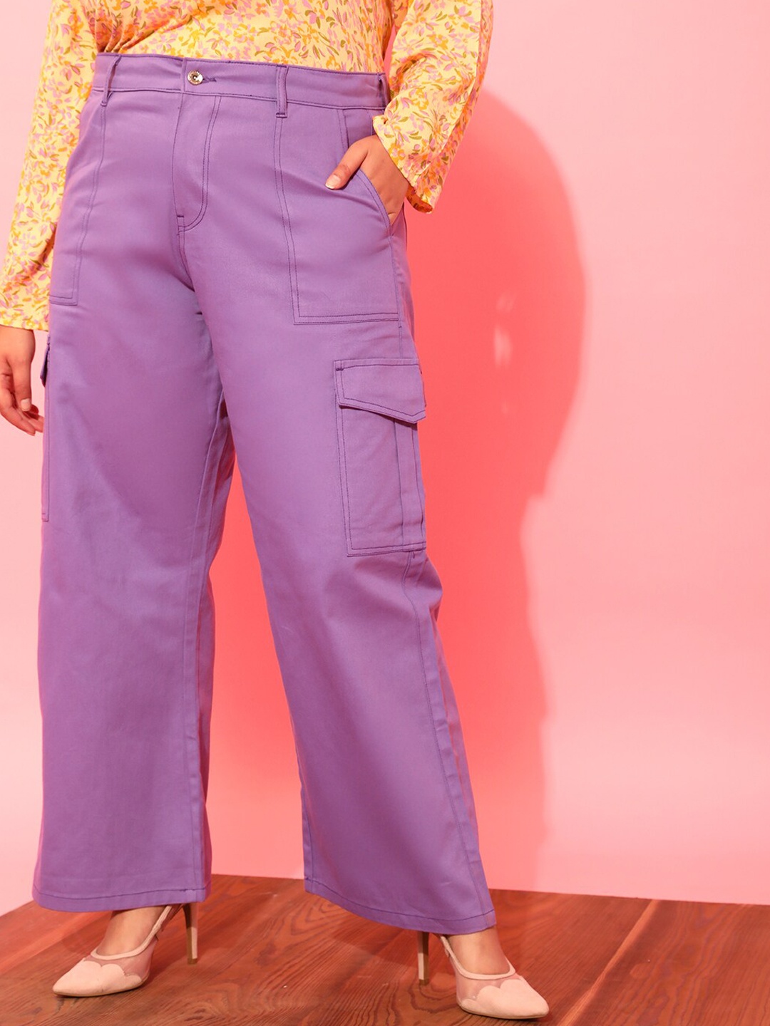 

CURVY STREET Women Plus Size Lavender Relaxed Straight Leg Pure Cotton Trousers